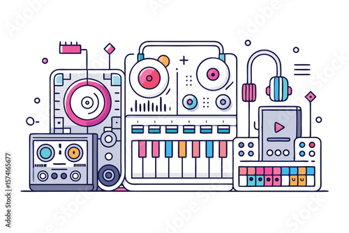 Modern Musical Instruments Assemblage Featuring a Synthesizer Headphones Audio Mixer and Media Player in a Fun Colorful Design