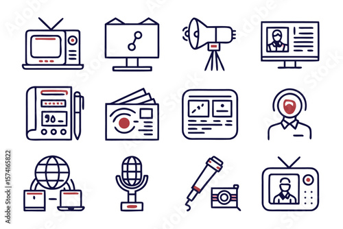 Comprehensive collection of clean line art symbols representing various news and media concepts perfect for digital platforms and communication design projects