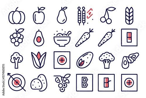 Comprehensive collection of healthy food and vegetable symbols perfect for dietary guidance wellness apps and culinary content creation