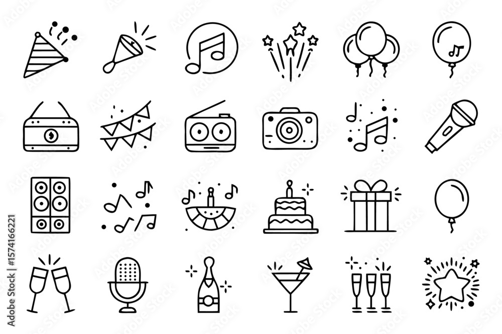 Fototapeta premium A curated collection of celebratory and party themed graphic elements presented in a clean modern line art style for digital use and design projects