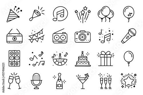 A curated collection of celebratory and party themed graphic elements presented in a clean modern line art style for digital use and design projects