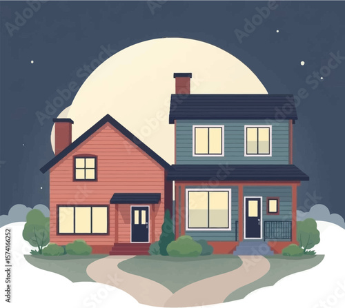 A flat vector icon depicting two distinct houses, modern homes