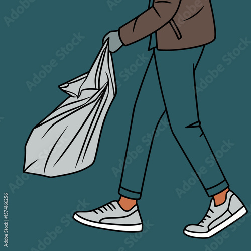 Person walking while holding a crumpled bag against a teal background  
