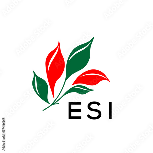 ESI Abstract Botanical Logo with Elegant Typography, ESI  Later Logo, Modern Nature Inspired Logo with Red and Green Leaves.
