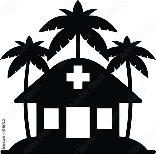 Tropical island dispensary with a thatch roof and a cross
