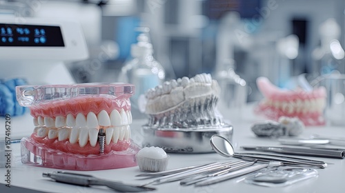Detailed view of dental tools and instruments alongside a 3D printer producing a dental implant, highlighting advanced dental technology