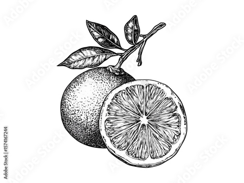 Vintage clementine engraving, retro citrus illustration, hand-drawn black ink sketch, old engraving style, trendy snack decor, fruit botanical drawing, rustic kitchen wall art