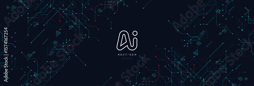 Futuristic dark circuit board with glowing blue red network lines, digital tech mood, AI connection background. Abstract pattern, innovation, data science, machine system layout. Vector illustration