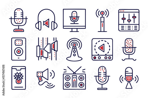 Collection of stylized communication and broadcast symbols featuring audio equipment and broadcasting elements in a clean modern line art aesthetic for digital platforms