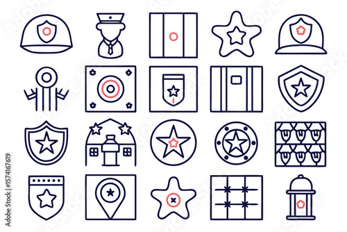 Collection of official law enforcement symbols and decorative emblems for law enforcement personnel and public safety announcements