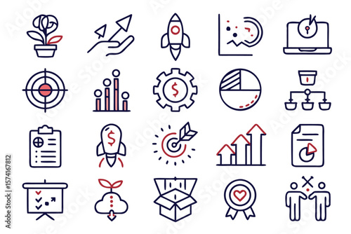 Collection of sleek modern line graphics representing advancement efficiency and forward motion utilizing a vibrant color palette for clear communication