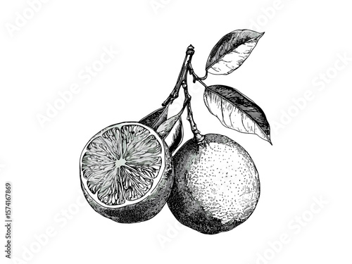 Hand-drawn sketch clementine, vintage black ink citrus fruit, retro engraving style, trendy snack decor, old engraving design, rustic fruit illustration, classic food art print