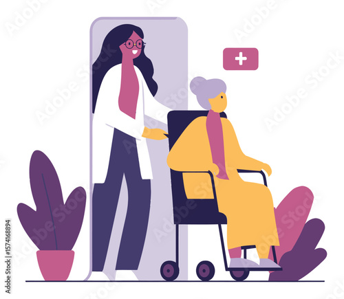 Caring Nurse Assisting Elderly Woman in Wheelchair Illustration