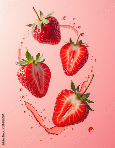 Fresh strawberries with splash on pink