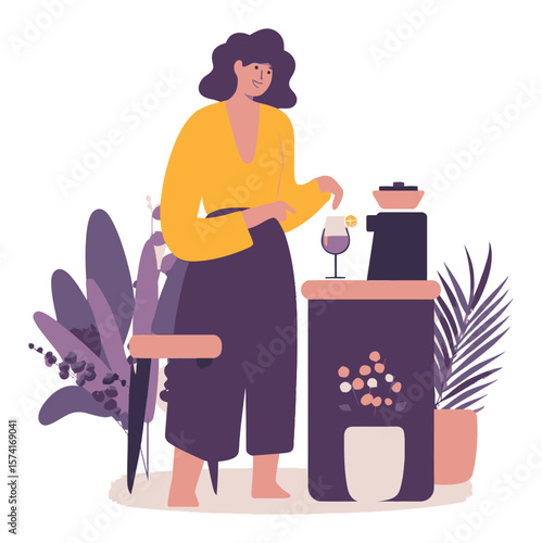 Woman Preparing Drink at Home Bar with Stylish Decor