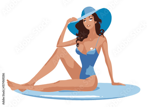 Cartoon Woman in Blue Swimsuit Relaxing on a Beach Towel