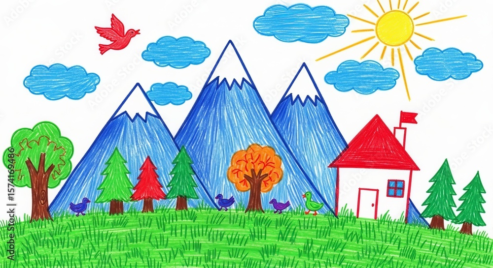 Naklejka premium Colorful whimsical childlike drawing of a mountain scene with birds, trees, and a small house