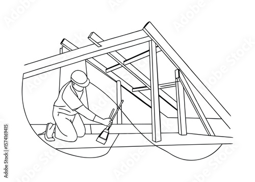 Continuous Line Art Drawing of Carpenter Working on Roof Truss Construction