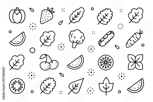 Collection of fresh and healthy salad elements featuring leafy greens vegetables and dressing in a simple flat graphic style with vibrant colors