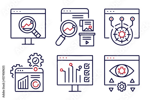 Comprehensive collection of modern line art web interface elements featuring a prominent magnifying glass symbol for search functionality and browsing