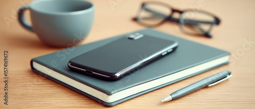 Wallpaper Mural Workspace setup smartphone notebook and accessories on wooden desk minimalist environment close-up view productivity concept Torontodigital.ca