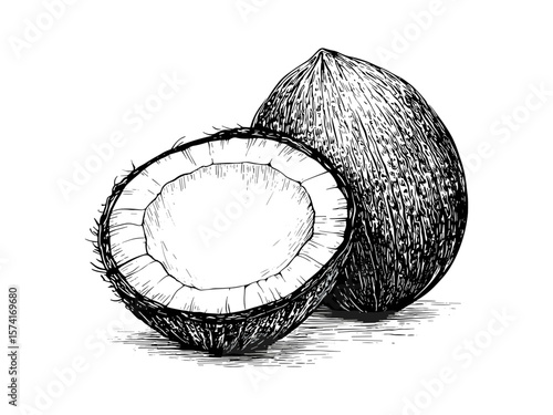 Vintage cracked coconut sketch, hand-drawn tropical nut engraving, retro beach decor, healthy snack art, black line drawing, old engraving style, tropical fruit illustration, summer vibes,