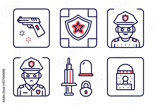 Collection of stylized graphic symbols representing law enforcement security personnel and individuals involved in illicit activities crafted for clear visual communication