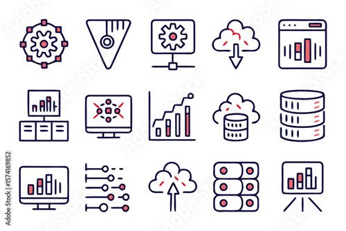 Collection of thirty minimalist line graphics representing data concepts featuring twelve distinct elements for digital and print applications in a clean modern aesthetic