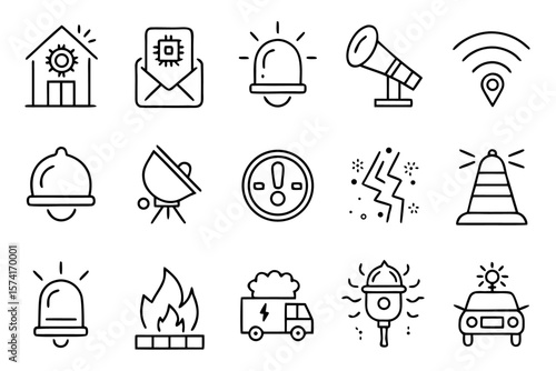 Comprehensive collection of emergency response symbols featuring clear outline graphics for critical situations medical aid and safety alerts presented in a versatile design