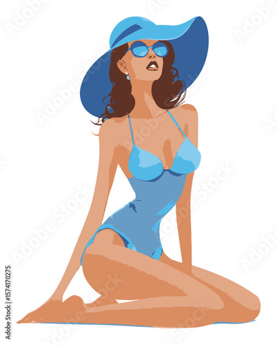 Stylish Woman in Blue Swimwear with Hat and Sunglasses in Vector Art