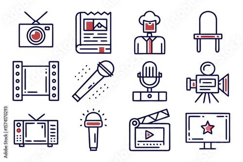Collection of modern line graphics representing mass media concepts and communication elements