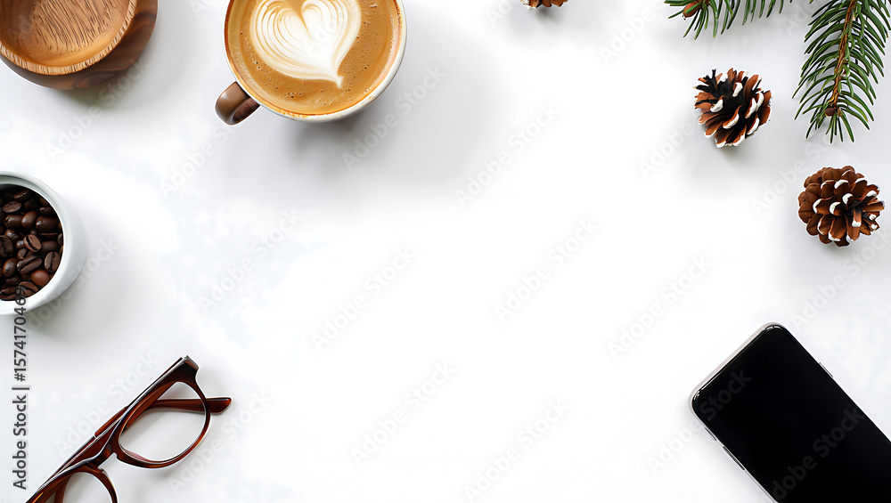Fototapeta premium Cozy Winter Workspace: Latte Art, Pine Cones, Coffee Beans, Glasses, Smartphone
