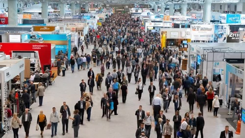 Busy Trade Show Floor: A high-angle view captures the bustling energy of a large trade show floor, filled with numerous attendees moving between diverse exhibit booths.