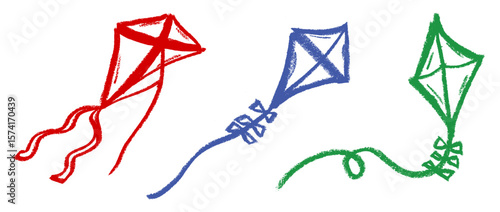Flying Kite Crayon Chalk Drawing Vector Set