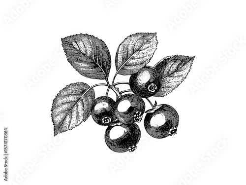Hand-drawn cranberry bunch, vintage fruit sketch in black line art, retro kitchen wall decor, holiday fruit illustration, old engraving style, trendy rustic berry drawing