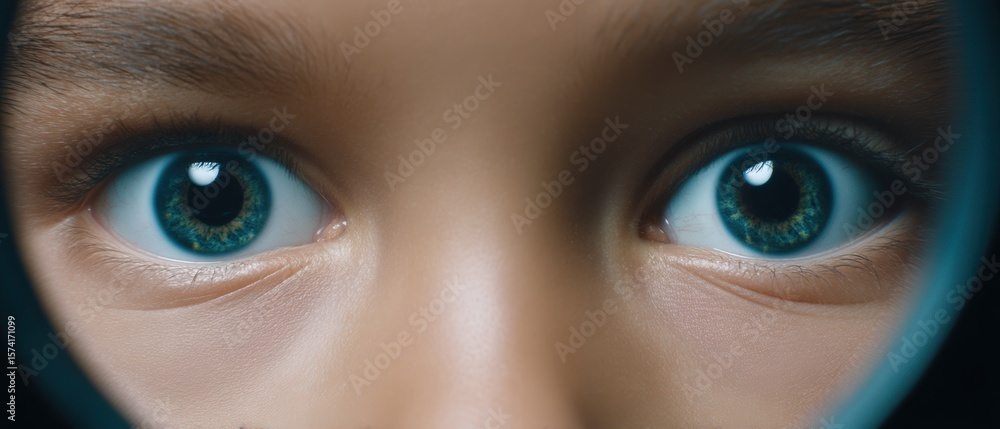 Naklejka premium Curious child examines the world through a magnifying glass intimate close-up indoor setting captivating perspective exploration of curiosity