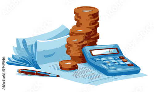 Calculator, coins, papers, and pen on a desk in a cartoon style