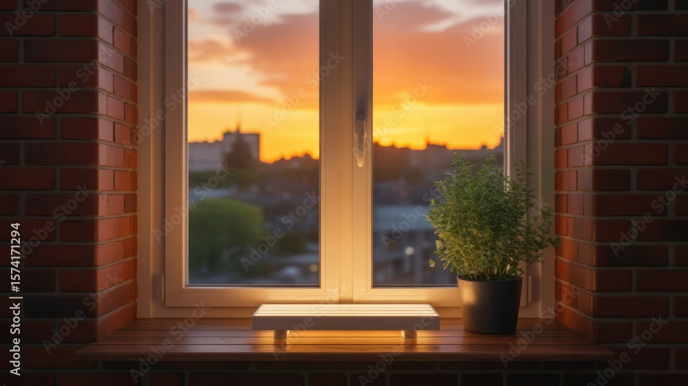 Fototapeta premium Cozy windowsill with potted plant and glowing light against sunset cityscape view