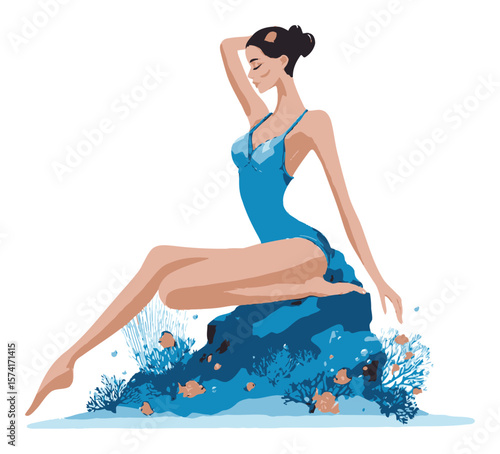 Elegant Woman in Swimwear Surrounded by Marine Life in Vector Art