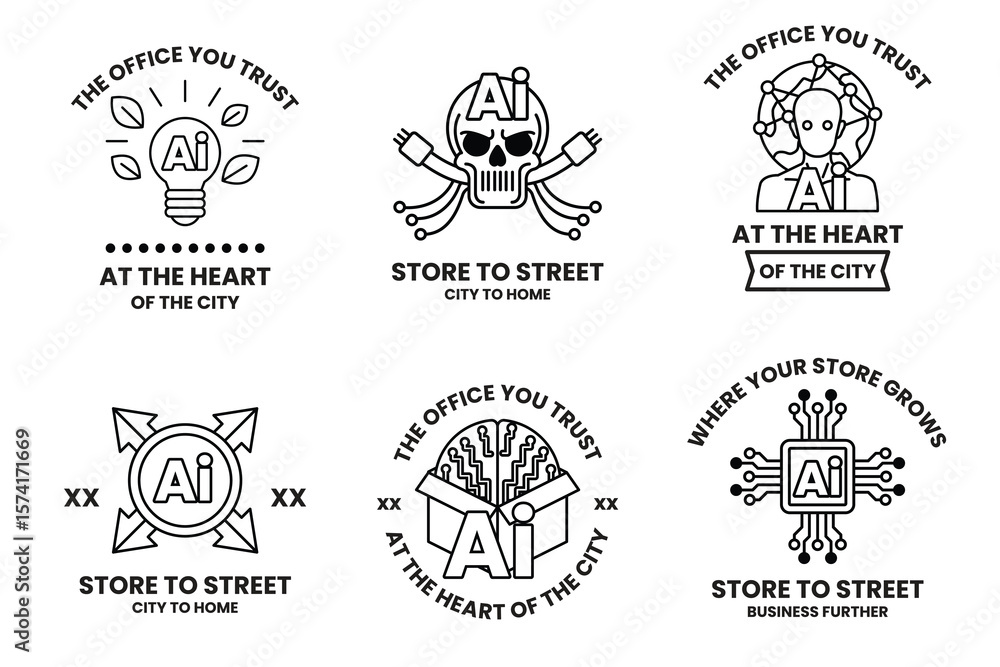 Fototapeta premium Set of illustrations in the concept of Artificial Intelligence in line art style