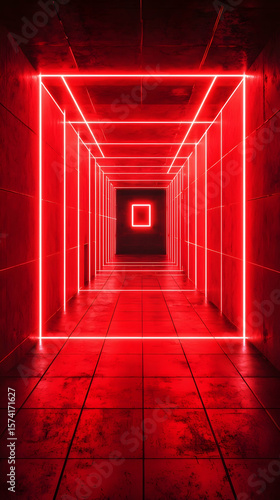 Red neon corridor, futuristic architecture, glowing square at the end, abstract background, ideal for sci-fi or gaming