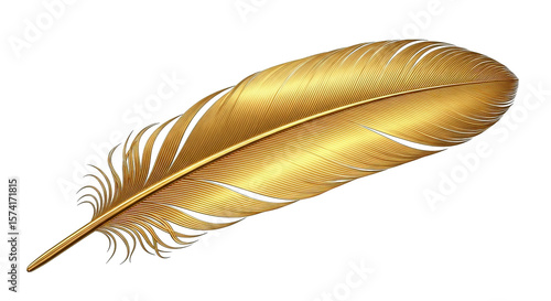 A gleaming golden feather with detailed texture and graceful curves is presented as art element.