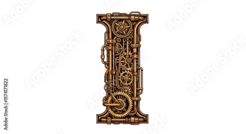 Vector steampunk letter i alphabet art with gears and cogs industrial design mechanical type for graphic illustration