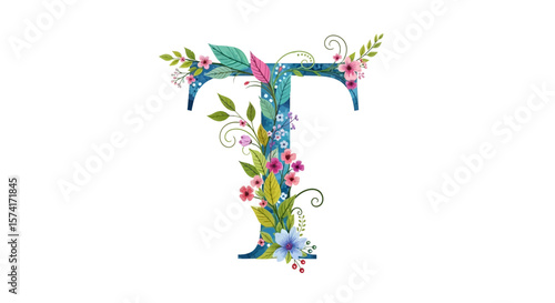 Vector floral letter t watercolor design, botanical alphabet initial for wedding invitations and personalized art
