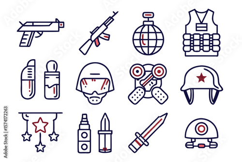 Comprehensive collection of military and army symbols featuring essential war equipment and combat related elements for diverse design applications