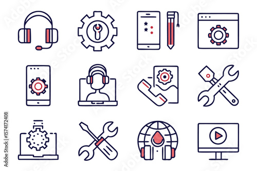 Comprehensive collection of professional assistance and support service symbols ideal for technical help and customer care communication platforms