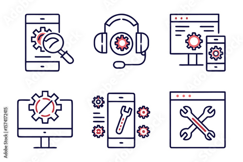 Comprehensive collection of professional service and technical assistance line graphics featuring clear symbols for support and help desk operations