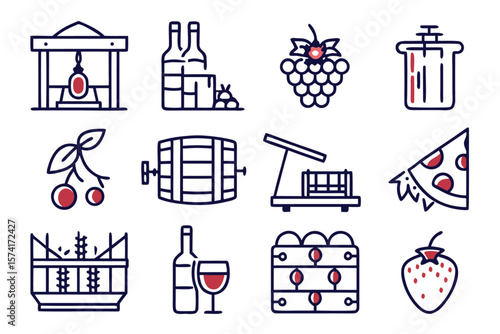 A curated collection of essential line art symbols representing the entire winemaking process from grape cultivation to the final bottled beverage perfect for culinary and agricultural themes