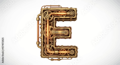Vector steampunk letter e alphabet design industrial mechanical typography font vintage gearwork illustration