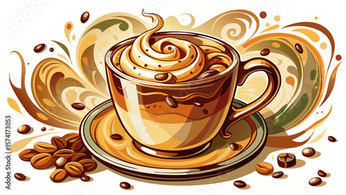 Warm and inviting, this elegant cappuccino features flowing milk designs and fine chocolate shavings, nestled in a sleek glass mug, set gracefully on a white background for artistic effect.